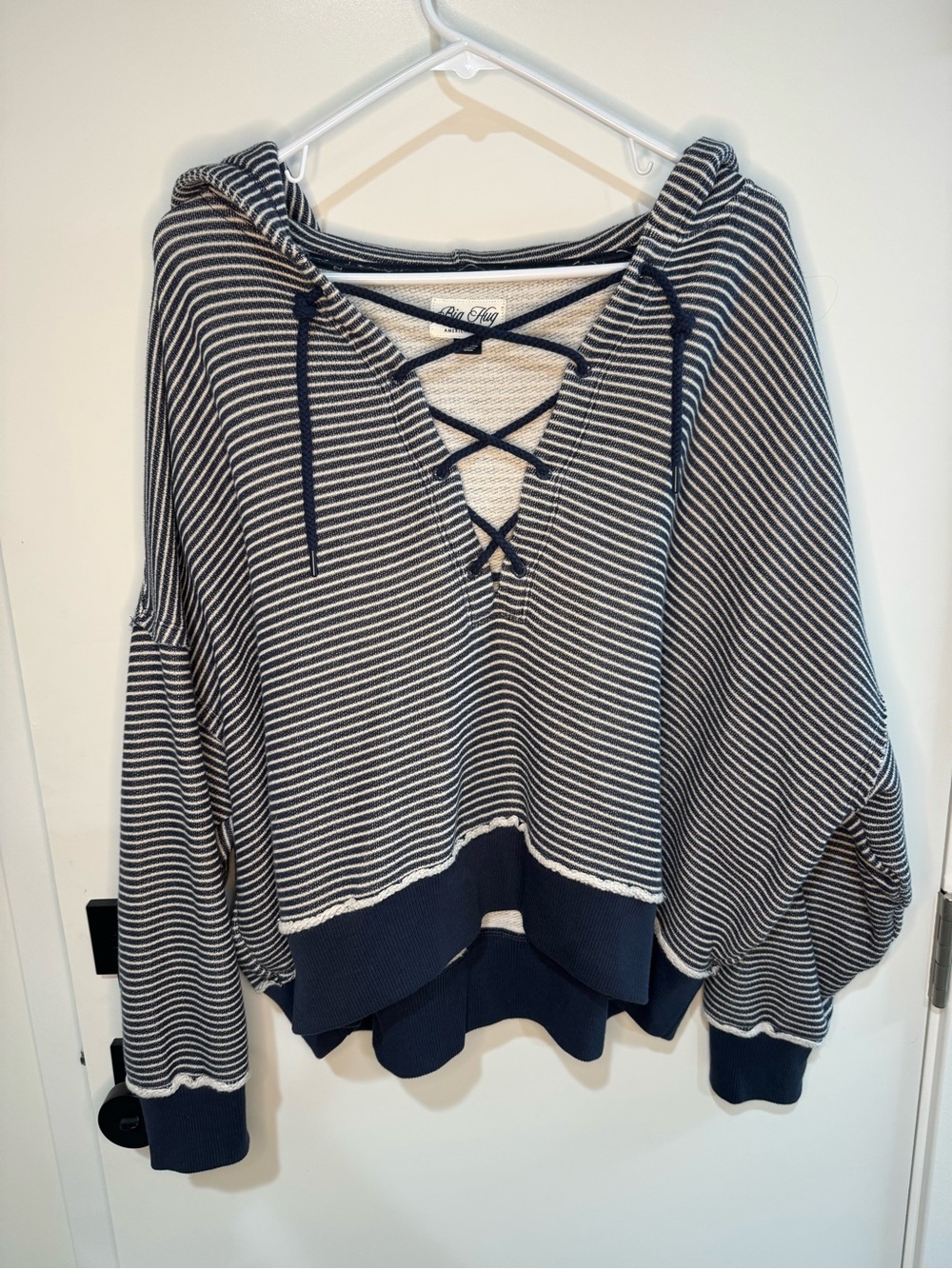 American Eagle Outfitters Navy and White Striped Lace-Up V-Neck Hoodie Sweater